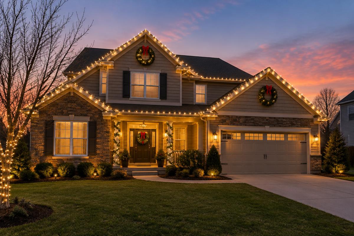 Suburban home decorated with warm white Christmas lights at dusk