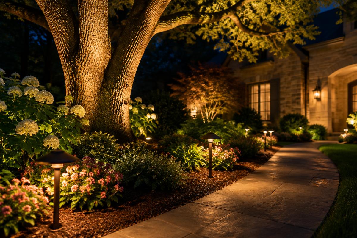 Warm path lights and an uplit tree in a landscaped yard at night