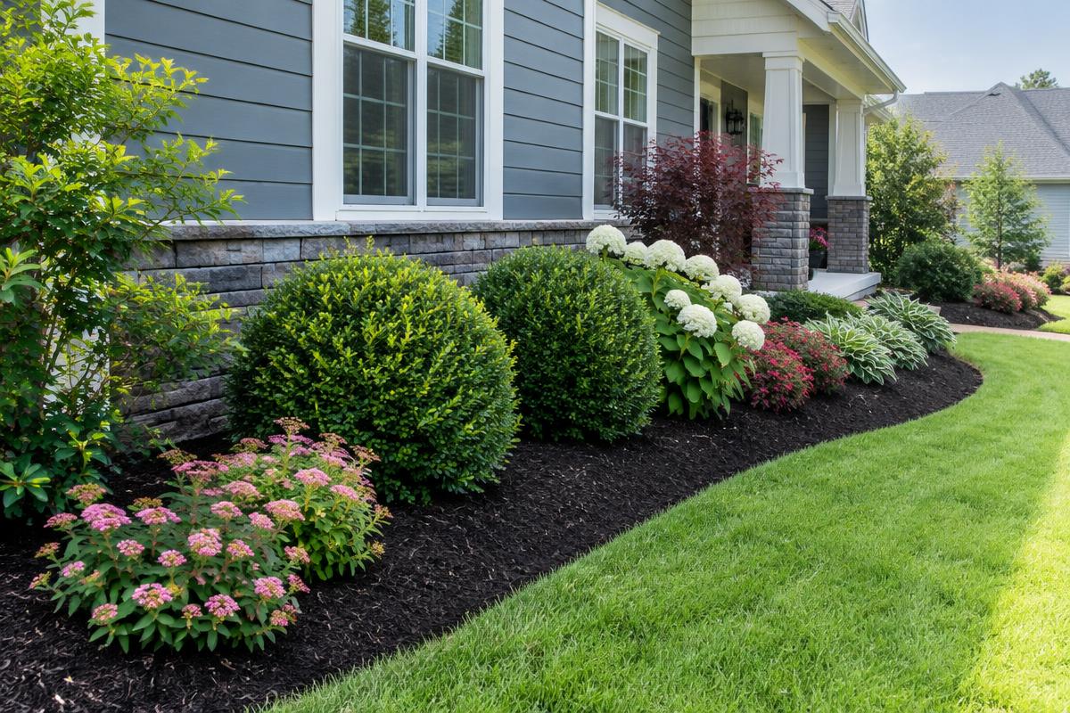Freshly mulched flower beds with clean edges at a residential home