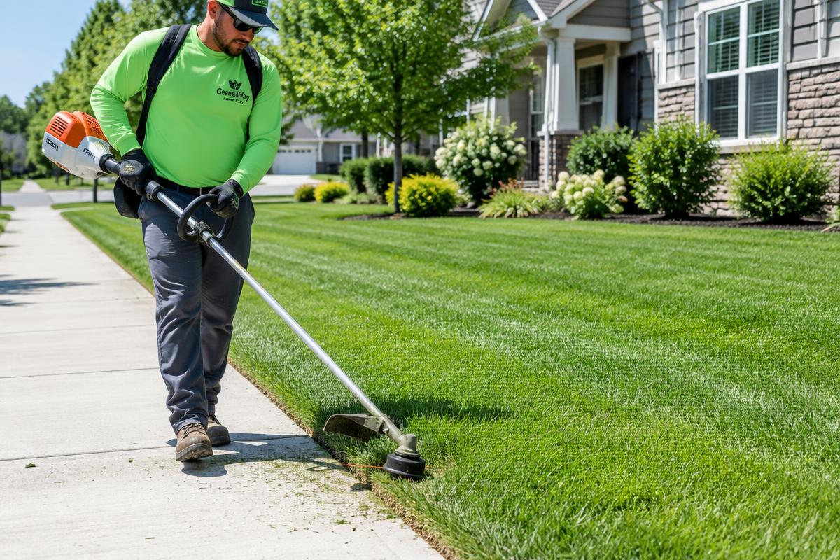 Crew member edging a sidewalk beside a green Oklahoma City lawn